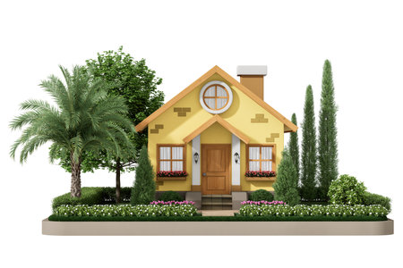 Front view of cottage style tiny yellow house surrounded by garden isolated on white background with clipping path 3d render illustrationの写真素材