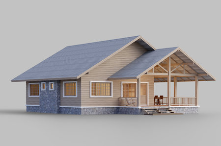 Modern style small cottage wooden house isolated on gray background with clipping path 3d render There are plank wall gray roof tileの写真素材