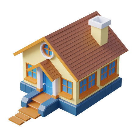 Aerial view of cute cartoon style colorful tiny house isolated on white background with clipping path 3d render illustrationの写真素材