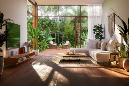 Modern contemporary living room with wooden terrace and garden view background 3d render there are parquet floor decorated with white fabric sofa, open the door to nature outsideの写真素材