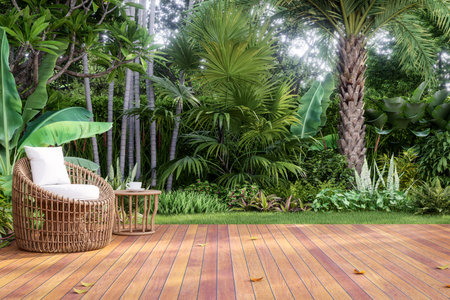 Modern contemporary style wooden balcony with tropical garden background 3d render illustration decorated with outdoor rattan chairの写真素材