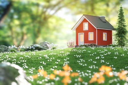A small house with red wood paneling on the walls. It is located on a hill with green lawns and white flowers 3d render. There is a blurred nature background.の写真素材