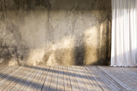 Loft style empty room with empty old cracked concrete wall for copy space 3d render the room has old plank floor decorated with white fabric curtain sunlight into the room.の写真素材