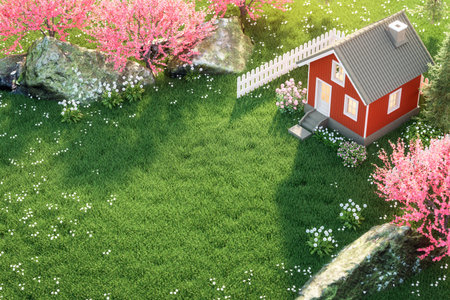 Aerial view of a tiny house with red plank walls on large empty green lawns for copy space 3d render illustration.の写真素材