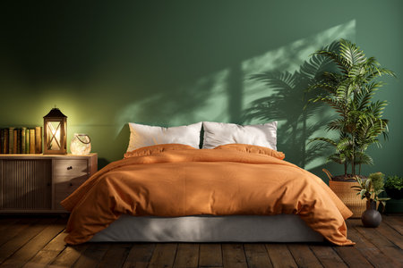Modern contemporary style green wall bedroom interior with orange blanket 3d render There are wooden floor decorated with tree pot and vintage lamp.の写真素材