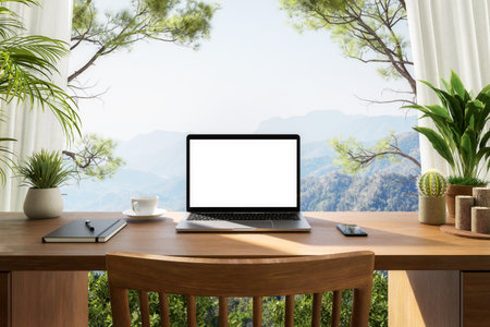 Empty notebook computer screen on wooden table with nature view background 3d render decorated with small plantの写真素材