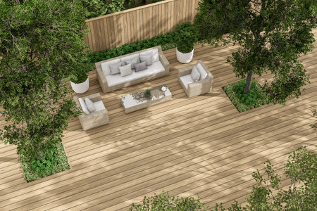 Aerial view of modern contemporary wooden terrace with rattan furniture 3d render surrounded by green natureの写真素材