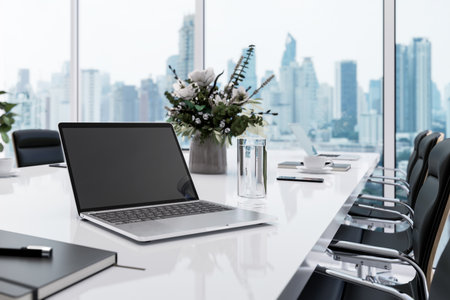 Close up of empty laptop screen on white table top in modern meeting room 3d render There are large windows overlooking blurry city view backgroundの写真素材