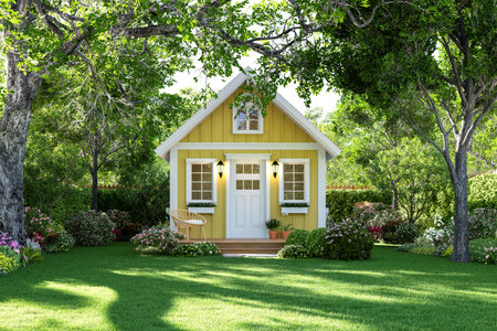 Cute tiny yellow house on green lawn 3d render Surrounded by nature.の写真素材