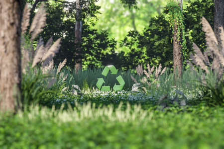 3D render of a green recycle symbol standing in a lush forest, symbolizing sustainability and environmental awareness.の写真素材