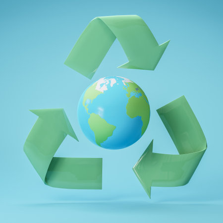 3D render of Earth encircled by a green recycle symbol on a blue background, symbolizing environmental protection, sustainability, and eco-friendly global efforts.の写真素材