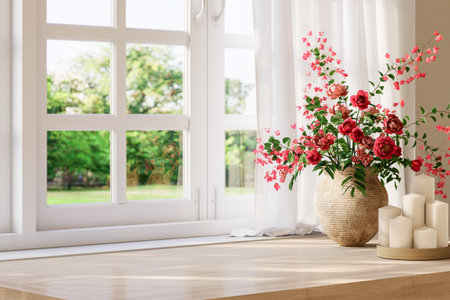 Blank top wooden table located by window decorated with red flower in vase 3d render with blurry green nature backgroundの写真素材