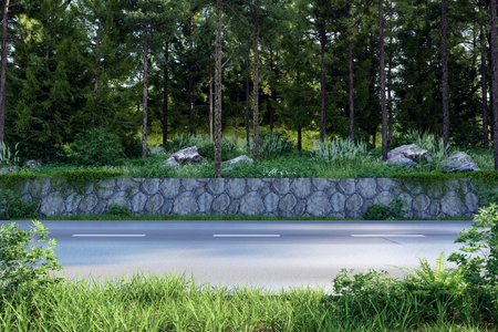 3D render of a quiet road bordered by a stone wall and dense forest with tall trees, rocks, and lush vegetation, evoking a serene and natural roadside atmosphere.の写真素材