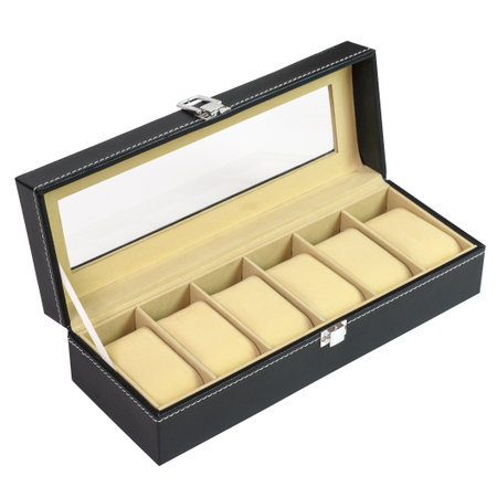 Black leather watch storage box with glass lid, white stitching, and beige interior isolated on white background. Features eight compartments with cushioned pillows.の写真素材