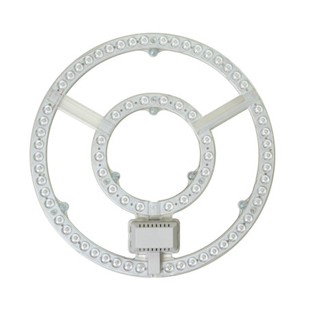 Circular LED light module with dual concentric rings and integrated power unit isolated on white background. Ideal for modern lighting design, and electronic product catalogsの写真素材