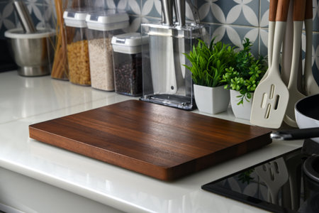 Modern kitchen countertop with blank wooden cutting board, dry food containers, utensils, and geometric blue-white tile backsplash. Ideal for culinary, home decor, and lifestyle content.の写真素材