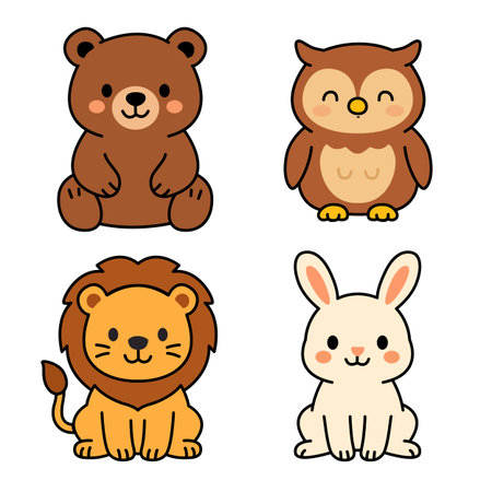 Set of four cute style cartoon animals fbare; owl; lion; rabbit. Each character features rosy cheeks, closed eyes, and cheerful expressions. Perfect for kids' design, education, and playful themes.のイラスト素材