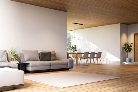 Modern contemporary living and dining room with blank wall 3d render The Rooms have wooden floors ,and ceiling, decorate with white fabric furnitureの写真素材
