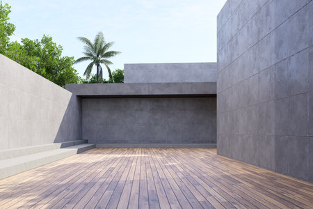 Minimal style outdoor space with wooden deck and concrete wall 3D render, blending geometric design with natural tranquility.の写真素材