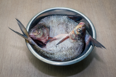 Freshly peeled raw fish in a metal plate on the table.の写真素材