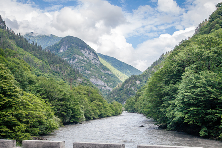 Mountains and river in Abkhaziaの写真素材