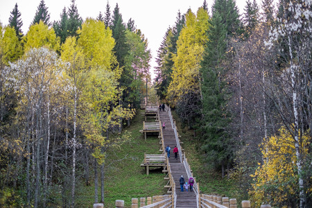 wooden staircase in the museum of Malye Korely in Arkhangelskの写真素材