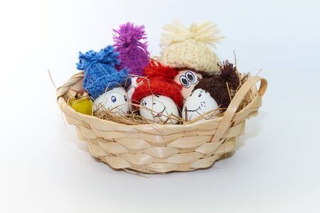 Easter eggs dressed in knitted hats.の写真素材