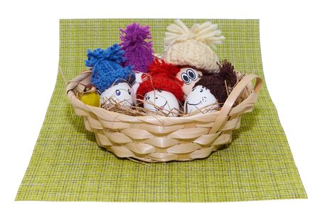 Easter eggs dressed in knitted hats.の写真素材