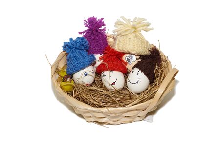 Easter eggs dressed in knitted hats.の写真素材