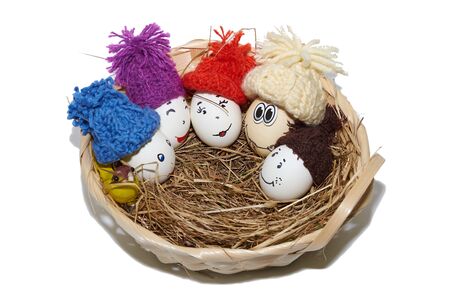 Easter eggs dressed in knitted hats.の写真素材