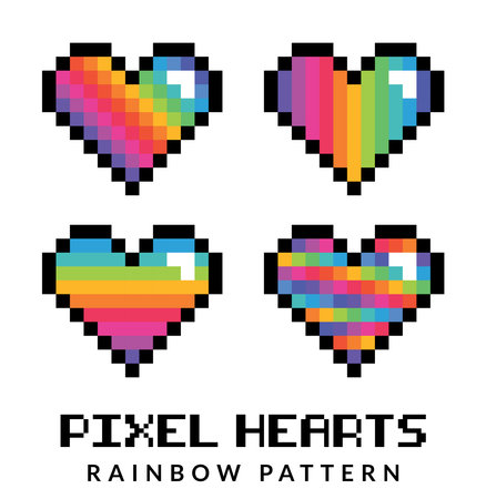Vector set of pixelated hearts in different colors. Happy Valentine's Day. Rainbow pattern pixel heart. Video game heart icon.のイラスト素材