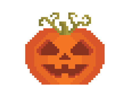 Spooky Halloween Season Orange Jack-o-Lantern Pumpkin With Vines. Pixel art halloween pumpkin icon. Vector illustration in a flat style.のイラスト素材