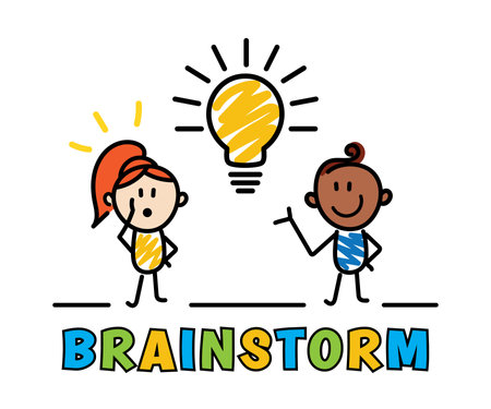Stick Figure Boy And Girl, Making Ideas, Thinking, Brainstorming, Inspiration, Message For Kids, Hand Drawn Vector Illustrationのイラスト素材