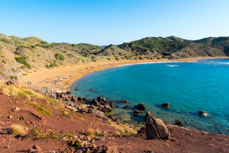 View of Cala Pilar in Menorca during sunset of a summer day, Balearic Islands, Spainの写真素材