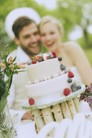 romantic boho wedding outside in green, in the foreground can be seen sharply the wedding cake, the background rejoice in blur Bride and groom.の写真素材