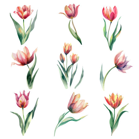 Set of watercolor tulip flowers. Hand-drawn illustration.のイラスト素材