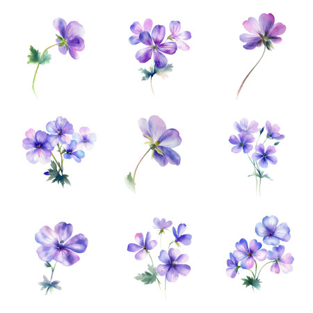 Watercolor pansy flowers set isolated on white background. Hand drawn illustration.のイラスト素材