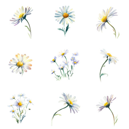 Watercolor illustration of a set of daisies on a white backgroundのイラスト素材