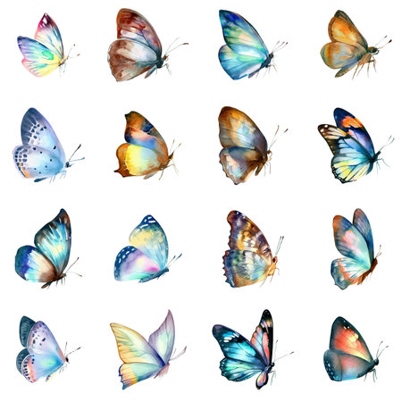 Beautiful butterflies, set, isolated on white background. Watercolor illustrationの写真素材