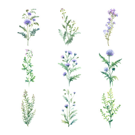 Chorisporatenella.Watercolor wild flowers set. Hand drawn illustration isolated on white backgroundのイラスト素材
