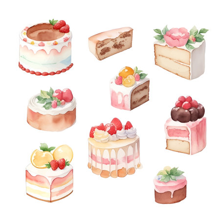 Watercolor set of different cakes. Hand drawn illustration isolated on white backgroundのイラスト素材