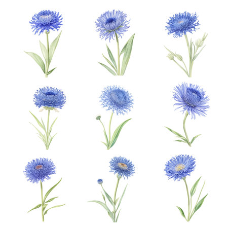 Watercolor blue cornflowers set isolated on white background. Hand drawn illustration.のイラスト素材