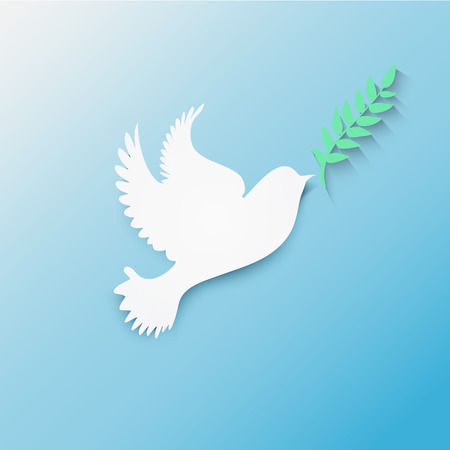 Dove with olive branch flying in blue sky stylized vectorのイラスト素材