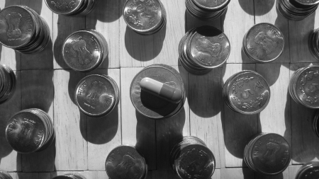 COSTLY MEDICINE CONCEPT SHOT IN BLACK AND WHITE.の写真素材