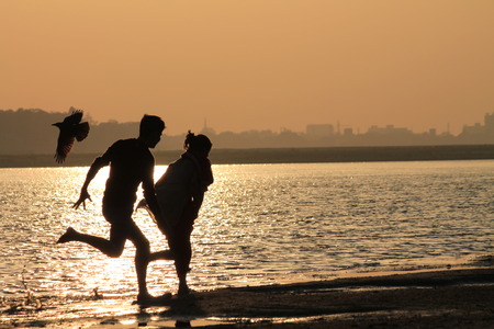 Play on river Ganges bank at Diara Tapus. Shot at morning hours on01.08.14  at Patna, Bihar, Indiaのeditorial素材