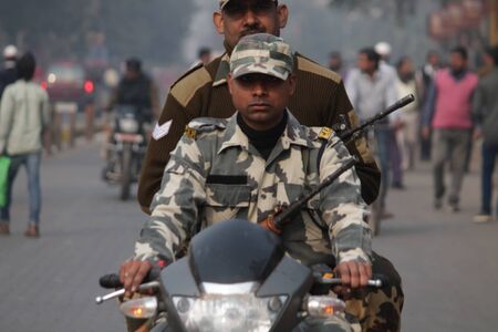 Police patrol Gandhi Maidan on 26 Jaunary, Republic day at India. Shot at morning hours at Patna,...