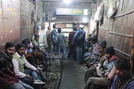 People enjoy tea. Travel Patna Junction. Shot at Patna Junction, Patna, Bihar on 04.02.2015. Evening hours.のeditorial素材