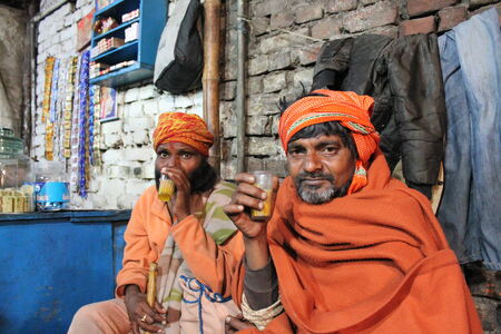 People enjoy tea. Travel Patna Junction. Shot at Patna Junction, Patna, Bihar on 04.02.2015. Evening hours.のeditorial素材
