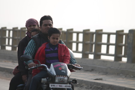 Traffic   activities at Mahatma Gandhi Bridge. A travel photo. Shot at afternoon hours on 15.02.15 at Gandhi bridge, Bihar, India.のeditorial素材