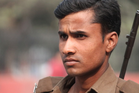 Indian police. Street photo, Shot at Gandhi Maidan, Patna, Bihar, India on 20.02.15 at afternoon hours.のeditorial素材